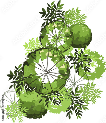 Group of trees for architectural floor plans. Entourage design. Various trees, bushes, and shrubs, top view for the landscape design plan. Vector illustration.