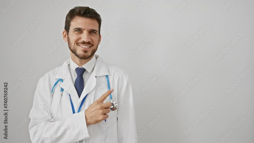 Cheerful young hispanic man joyfully pointing up, wearing stethoscope, natural smile painted on his face. isolated on a white background, creating a welcoming vibe and happy expression. Cheerful young hispanic man joyfully pointing up, wearing stethoscope, natural smile painted on his face. isolated on a white background, creating a welcoming vibe and happy expression.