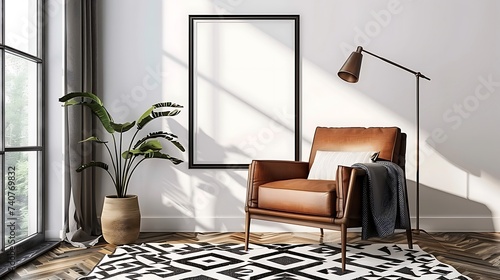 A mockup poster blank frame hanging on a leather armchair  next to a geometric rug  with a minimalist lamp for lighting  in a bright and airy living room