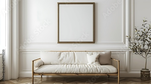 A mockup poster blank frame hanging on a salvaged cabinet, above a chic settee, lounge, Scandinavian style interior design