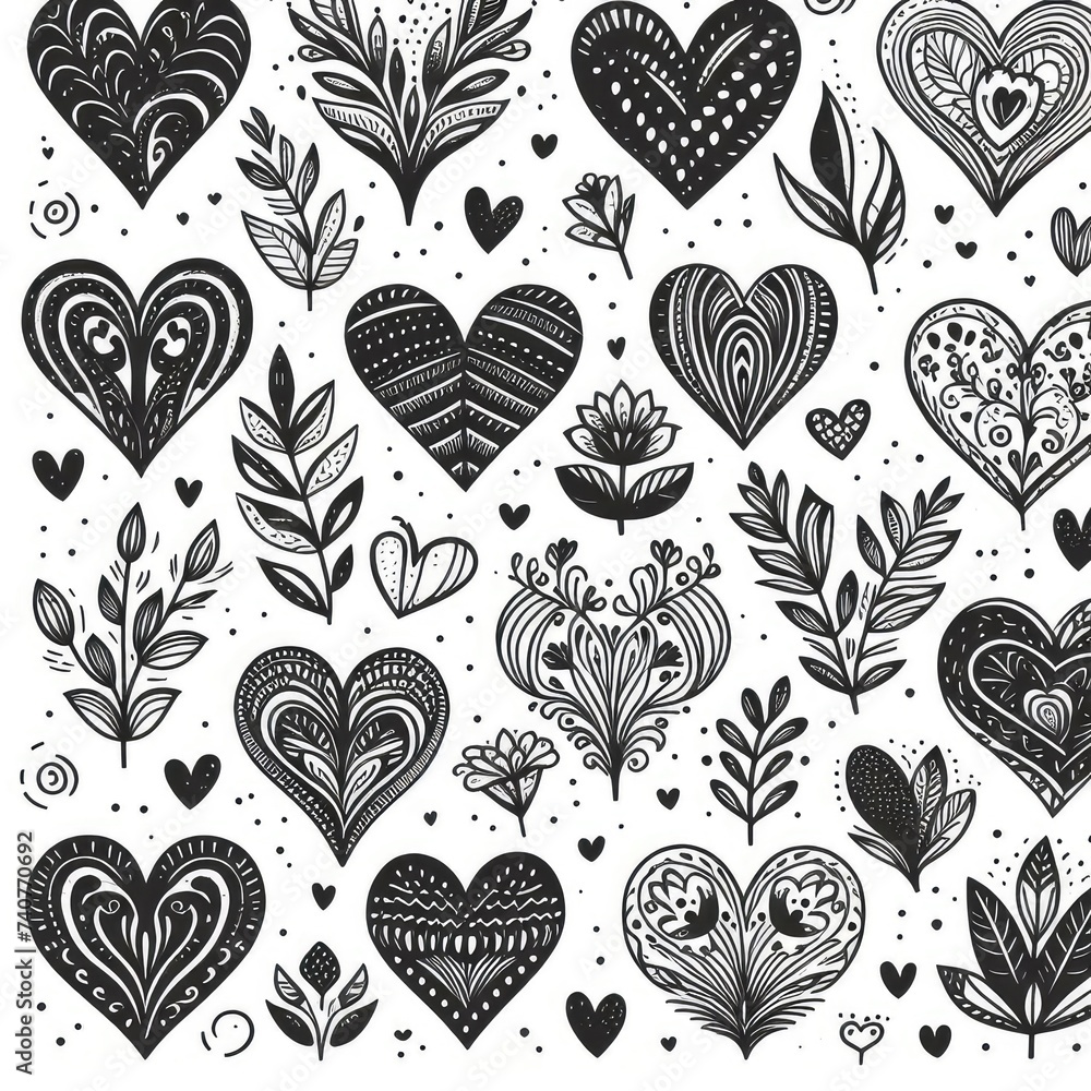 Hand drawn black hearts set pattern isolated on white background Hand drawn black hearts set pattern isolated on white background