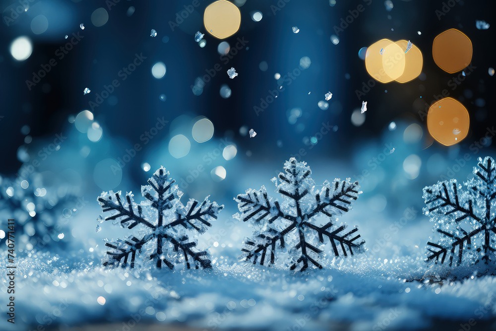 Naklejka premium Three intricate snowflakes are gently sitting on a surface covered in snow with a peaceful backdrop