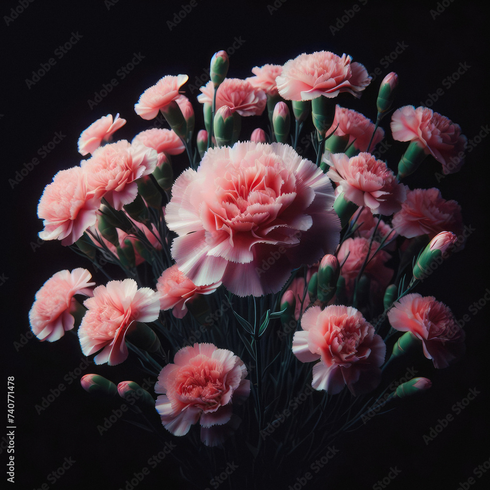 Delicate Elegance: Bouquet of Pink Carnations Posing Against Black Background, Exuding Delicacy and Aroma. generative AI Delicate Elegance: Bouquet of Pink Carnations Posing Against Black Background, Exuding Delicacy and Aroma. generative AI