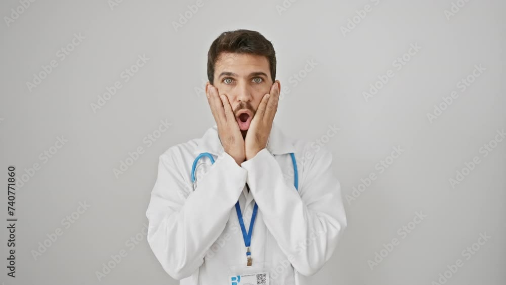 Shocked young hispanic guy with stethoscope, sporting a wow-expression of fear and amazement. astonished doc in white coat on isolated background, hand-on-face disbelief overflowing. Shocked young hispanic guy with stethoscope, sporting a wow-expression of fear and amazement. astonished doc in white coat on isolated background, hand-on-face disbelief overflowing.