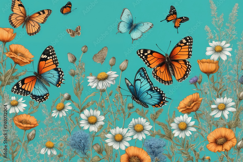 Hand drawn blooming flowers and butterflies on turquoise background. Black and white wildflowers and insects. Generative Ai Hand drawn blooming flowers and butterflies on turquoise background. Black and white wildflowers and insects. Generative Ai
