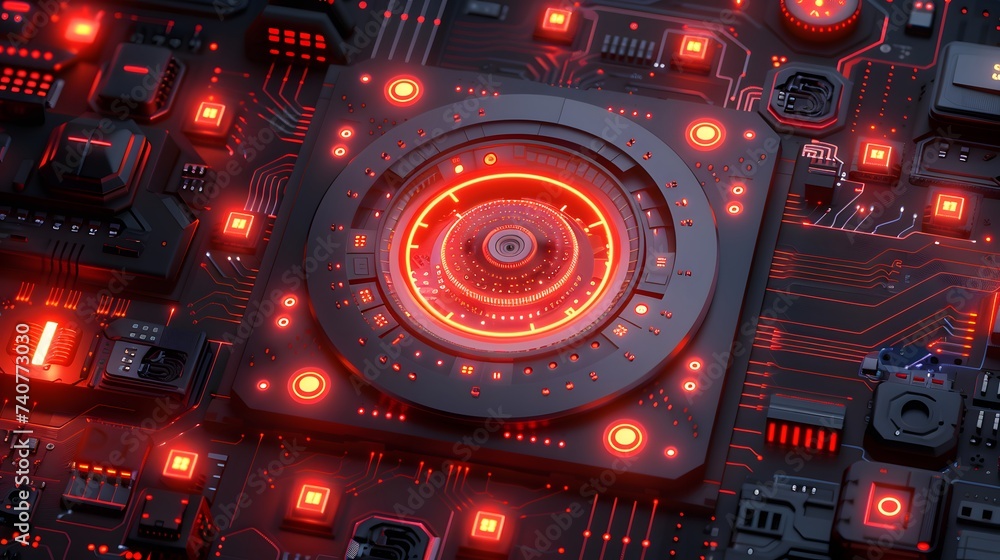 High-Tech Red Futuristic Circuit Board with Central Processing Unit Core