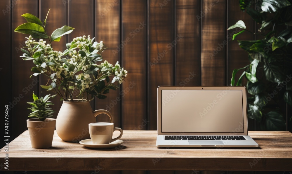 A minimalist workspace with a stylish laptop and coffee cup A minimalist workspace with a stylish laptop and coffee cup
