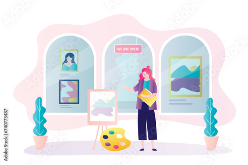 Beauty woman artist paints picture on canvas. Opening of new exhibition in museum or art gallery. Female curator opens an exhibit with various artworks. Museum room interior.