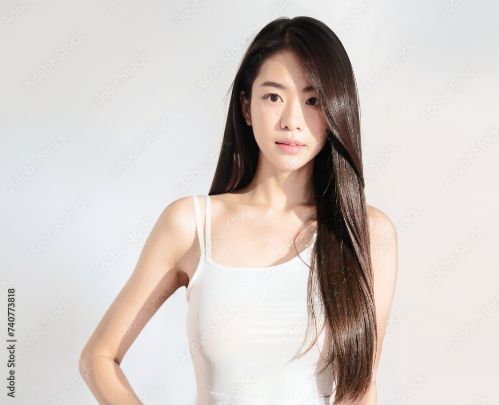 Portrait of beautiful young Asian woman facial treatment isolated on white background.