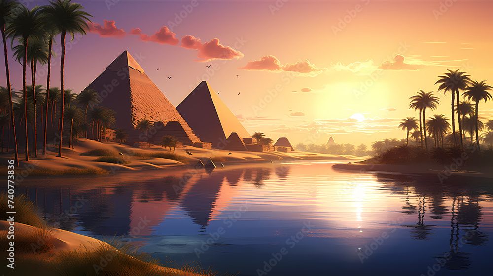 Landscape with ancient egyptian pyramids - obrazy, fototapety, plakaty 