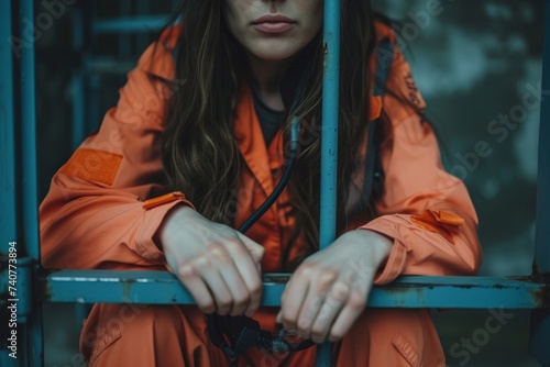 Female prisoner's hands gripping the cold metal bars of her cell, clad in a worn orange jumpsuit photo