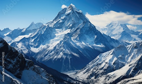 A scenic mountain view with snow-capped peaks and a clear sky 