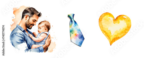 father day. clip art in  watercolor style, clip art, baby, tie, heart