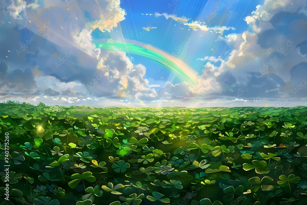 The End of a Rainbow: A Clover Field Leading to a Pot of Gold. Concept Rainbow, Clover Field, Pot of Gold, End of Rainbow, Leprechaun Lore
