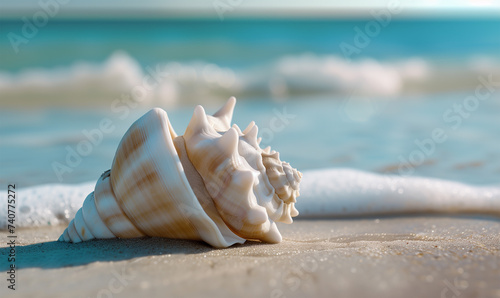 Shell, Conch on the Seashore at Sandy Beach, next to Turquoise Sea at Sunny Day. Summer Coastal Background with Copy Space.