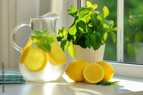 Refreshing Summer Lemonade in a Glass Jug with Lemons Freshness and Mint, Standing by the Window on a Summer Day next to Fresh Lemons and Potted Mint.