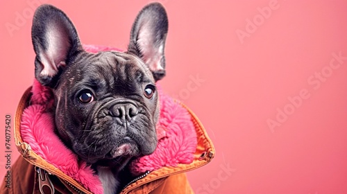 on a light solid background on the left is a funny French bulldog in a jacket, on the right is an empty space for text © Юлия Журина