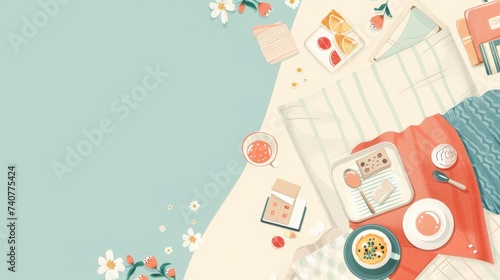 A background with illustrations of beds, breakfast trays, and cozy blankets. with text space photo