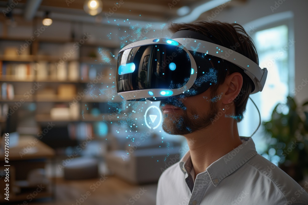 VR goggles wearing on a man face with hi tech, VR glasses, blue futuristic hologram VR goggles wearing on a man face with hi tech, VR glasses, blue futuristic hologram