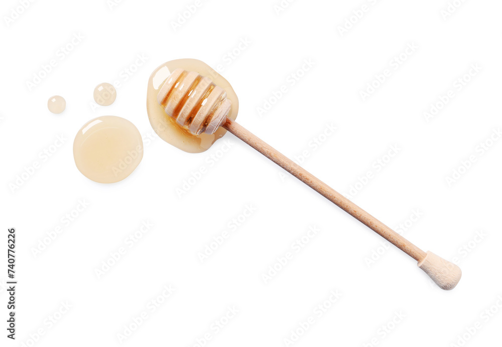 Tasty natural honey and dipper on white background, top view Tasty natural honey and dipper on white background, top view