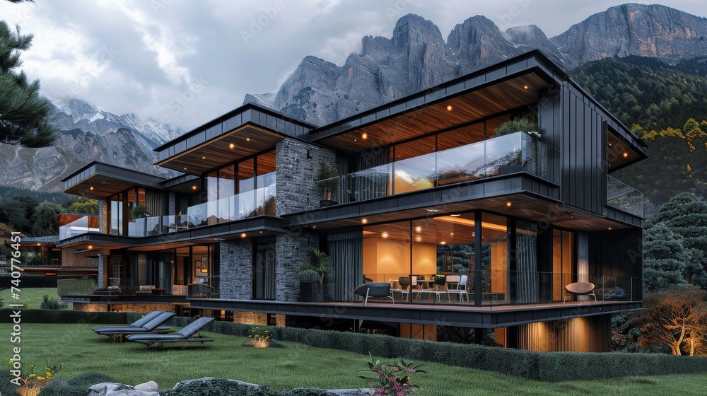 Modern luxury house with glass facade overlooking mountain landscape at dusk. Elegant residential architecture blending with nature in a sophisticated mountain setting.