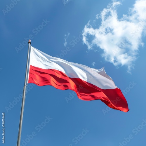 The national flag of Poland flying against a clear blue sky with white clouds.