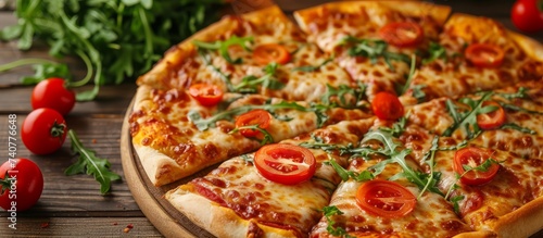 Delicious pizza with fresh tomatoes and basil leaves on top, appetizing Italian vegetarian dish for food lovers