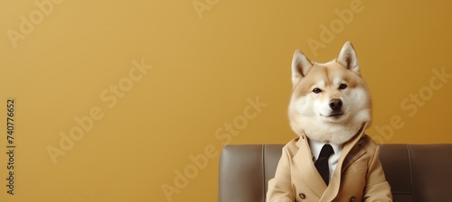 Anthropomorphic dog in business attire working in corporate office setting with copy space on wall