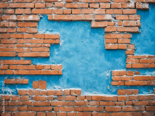 Old brick wall texture with blue and white paint. Abstract background.