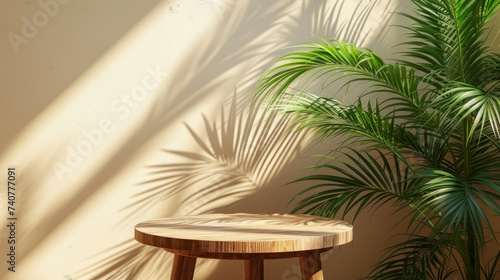 Wooden round side table with green tropical plant leaf and beautiful sun light and shadow on beige wall for luxury beauty, organic, health, cosmetic 