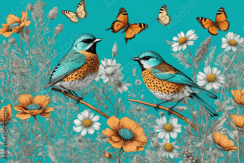 Hand drawn color blooming flowers, butterflies, birds on turquoise background. Generative Ai © SOLOTU