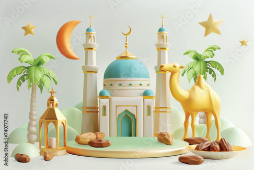 3d modern Islamic banner, suitable for Ramadan, Eid al Fitr, and Eid al Adha with mosque, lantern, crescent moon, camel and dates fruit