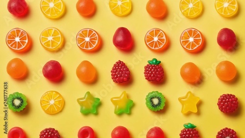 Colorful gummy candies. Soft gums in fruit shapes.