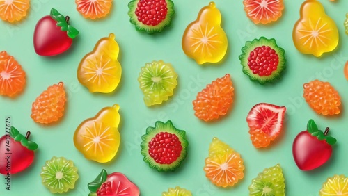 Colorful gummy candies. Soft gums in fruit shapes. photo