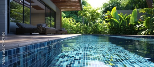 Relaxing holiday vibe by the blue tiled pool with a comfortable lounge chair under the sun