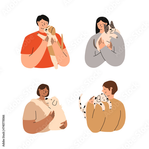 Pet owners set. People are holding cute dogs in their hands. Flat vector illustration.