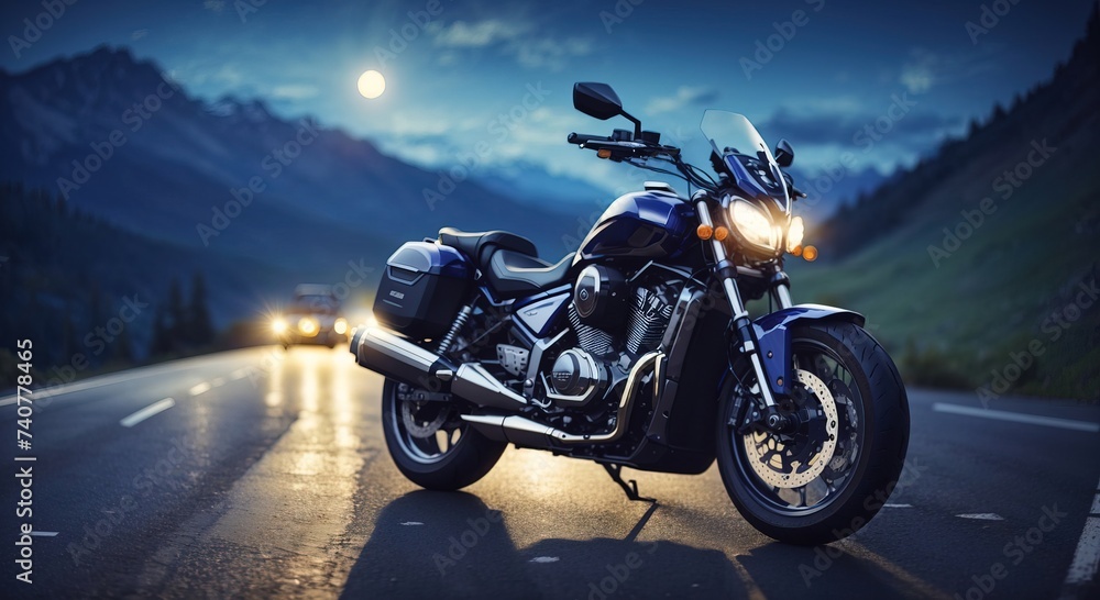Motorcycle on the road in the mountains at night