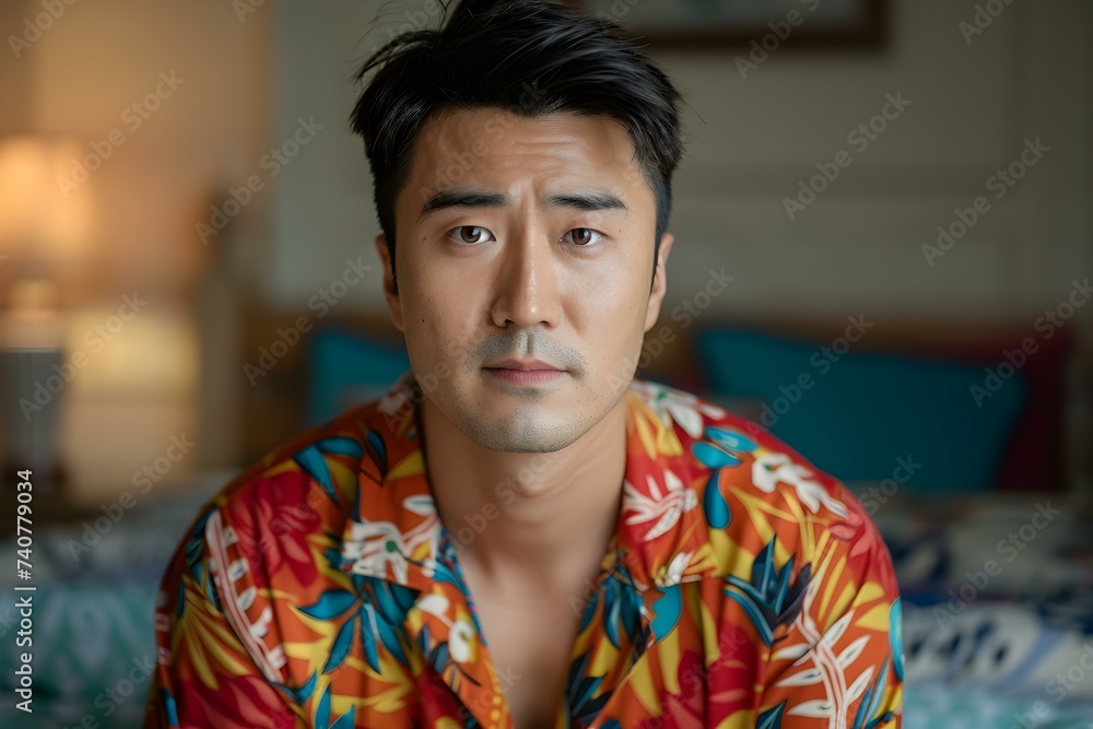 Fototapeta premium a handsome Asian man in colorful pajamas. Concept Lifestyle Photography, Asian Male Model, Colorful Pajamas, Handsome Portraits, Indoor Photoshoot