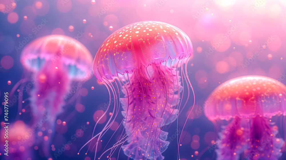 Beautiful Fairy Sparkling translucent surreal Jellyfishes Photo. Pink Pastel and Violet Colors. Fantastic Wallpaper design. Beautiful Fairy Sparkling translucent surreal Jellyfishes Photo. Pink Pastel and Violet Colors. Fantastic Wallpaper design.
