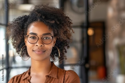 Modern youth representative. Headshot portrait of happy smiling millennial mixed race woman employee student posing in office © Danko
