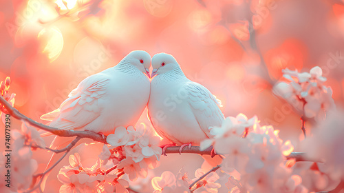 Beautiful two white pigeons birds are sitting together on the branch of a tree against pastel pink flowers background. Fantastic surreal photo in pastel colors. © Elen Koss