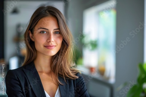 Free Download Portrait of a smiling businesswoman standing in open plan office. - GFXLoad