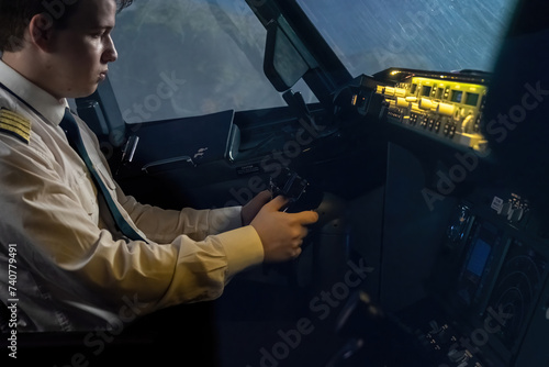 Man controls plane with steady hands and keen instincts. Pilot experience reflected in seamless coordination of aircraft movements