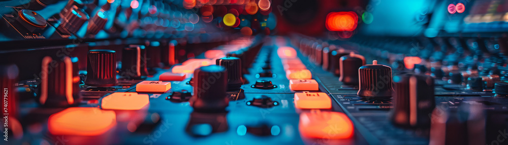 A close-up view of sound mixer console in a recording studio - obrazy, fototapety, plakaty 