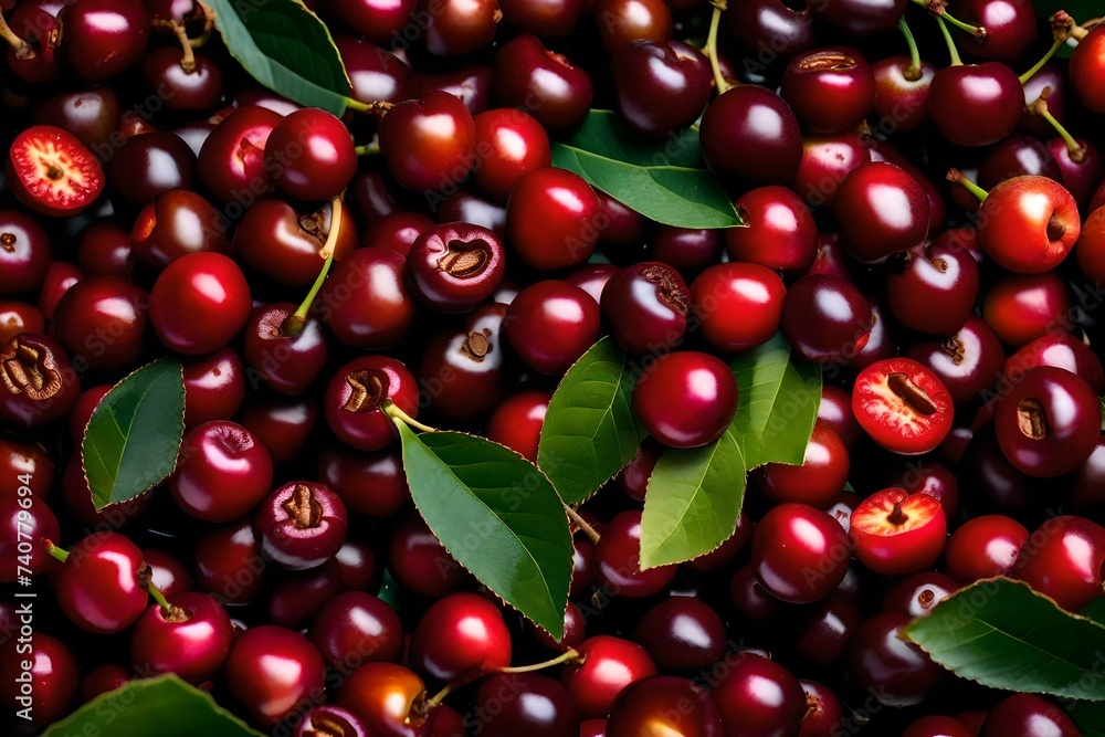 The realism of each cherry, from the varying shades of green to the deep reds, creates a mesmerizing palette. The scene portrays the raw beauty and richness of the coffee harvest, evoking the essence The realism of each cherry, from the varying shades of green to the deep reds, creates a mesmerizing palette. The scene portrays the raw beauty and richness of the coffee harvest, evoking the essence
