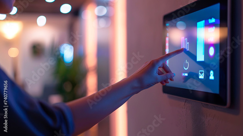 Close-up of a woman's finger touching a touch screen, using smart home technology, connected appliances, controlling the digital control of the energy security heating system in the apartment.