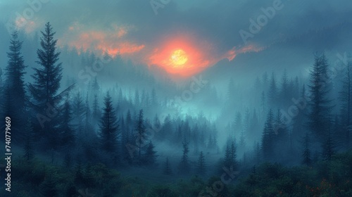 Painting of a Sunset in a Foggy Forest