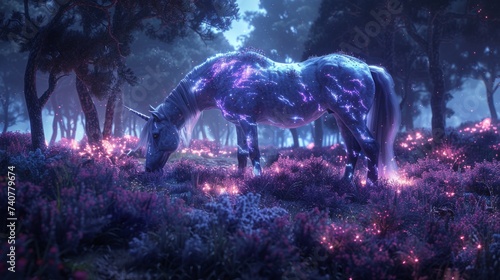 Sunlight filtering through an amethyst geode in a forest glade casting a violet glow on a grazing unicorn its mane shimmering with the same hues