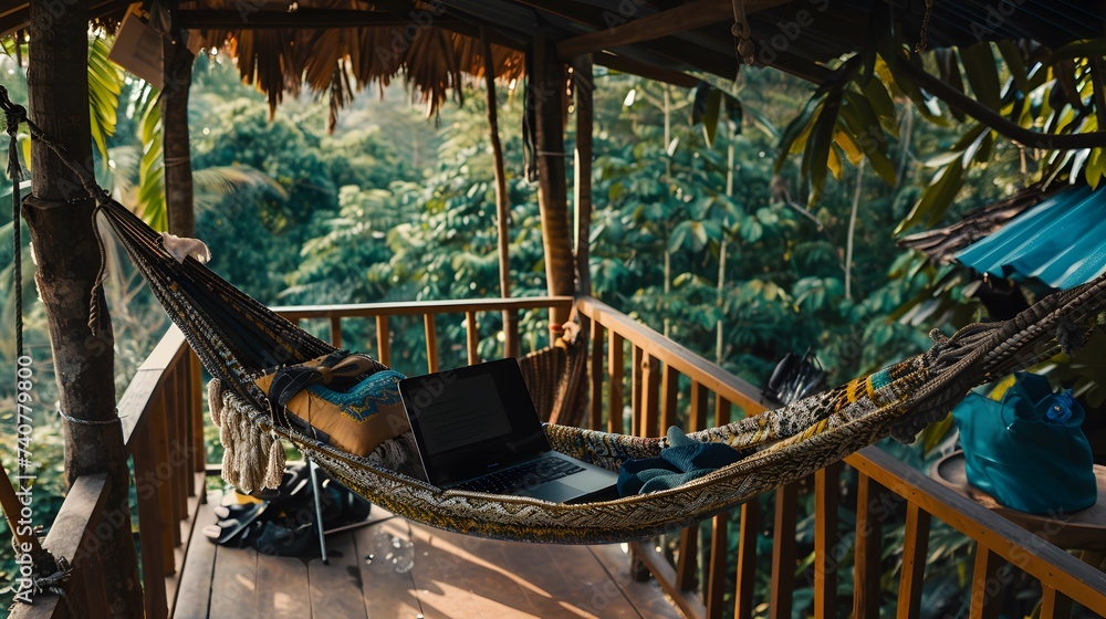A hammock with a laptop illustrating the enjoyment of the moment and remote work.
