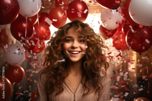 A woman standing in front of a group of red and white balloons, looking surprised and joyful.